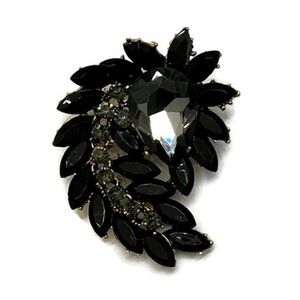 Black and Grey Flower/Feather/Wing Rhinestone Brooch